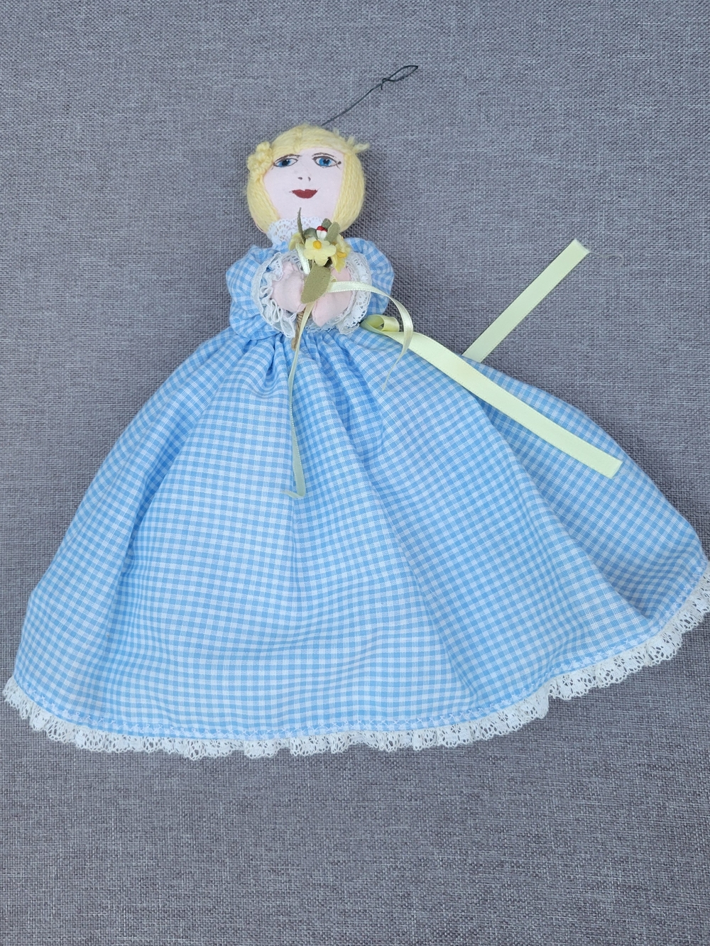 Vintage Collectible Doll In Blue Gingham Dress with Lace Trim
